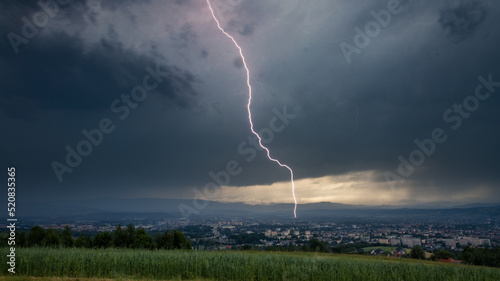 A lightning during thunderstorm in Nowy Sącz, Poland.