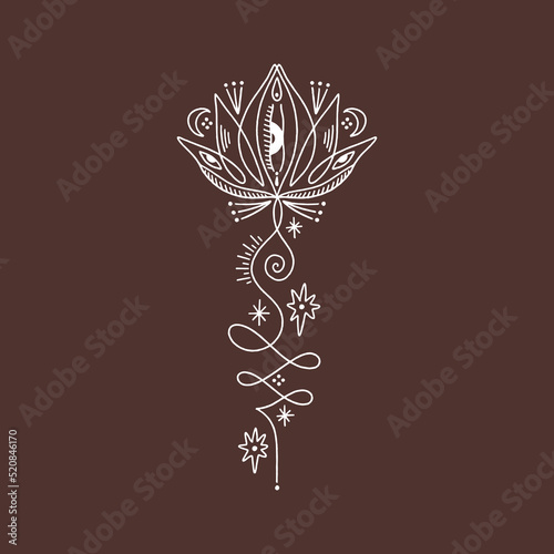 Moon lotus unamole Samadhi Sacred Geometry. Hindu and Buddhist symbol. Good for tattoo, yoga logo, boho print, poster, t-shirt and more. Buddhism brush ink hand drawn clipart design. Isolated black