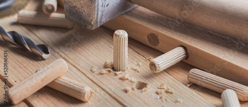 drill bit, hammer, dowel and rasp on wooden oak board