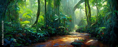 A beautiful enchanted forest with big fairytale trees and great vegetation. Digital Painting Background, Illustration