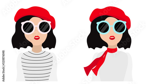 Frenchwoman. Flat illustration of a girl. Illustration of a young French woman wearing a red beret and glasses