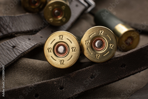 Shotgun shells close-up. Ammunition for smoothbore weapons on a khaki canvas backpack. Dark background.