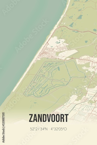 Retro Dutch city map of Zandvoort located in Noord-Holland. Vintage street map.