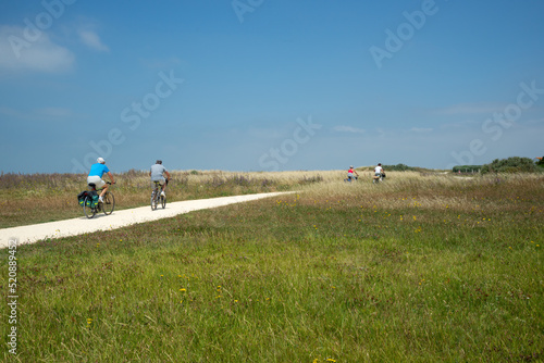Tourists cycling on Atlantic coastal path near La Rochelle, Charente-Maritime, France