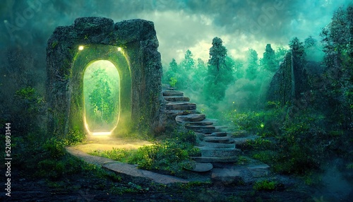 Colorful green portal with glowing entrance with green plasma, portal made of stone, in the center of dense magical forest, green smoke, fog creeping along the ground, a path to the portal. 3D artwork