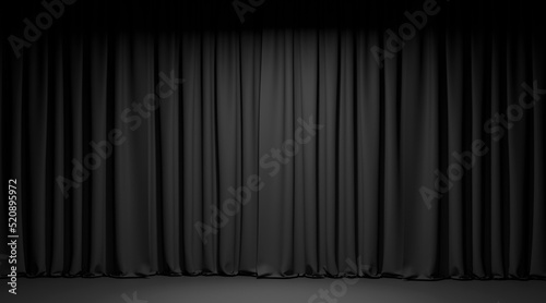 Empty theater stage with black velvet curtains. 3d illustration