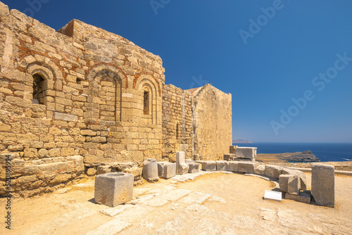 The Acropolis of Lindos, historical architecture in Rhodes island, Greece, Europe.