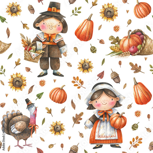 Thanksgiving cartoon seamless pattern with pumpkins, sunflowers, pilgrims and turkey. Cute pilgrims, turkey, sunflowers, ripe pumpkins and cornucopia seamless pattern.