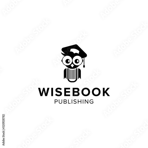 Wisebook publishing logo, character owl from book wear graduation hat