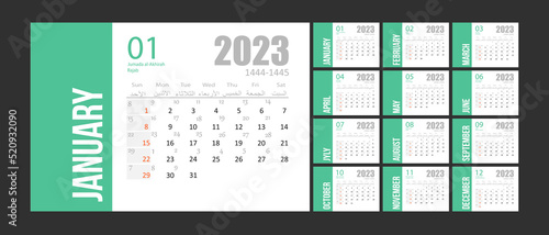Hijri islamic and gregorian calendar 2023. From 1444 to 1445 vector celebration template. Week starting on sunday. Ready for print. Flat minimal desk or wall picture design.