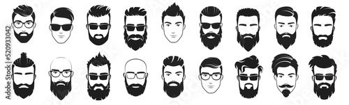 Handsome face man beard man emblems icons. Set of vector bearded hipster men faces. Haircuts, beards, mustaches set vector illustration