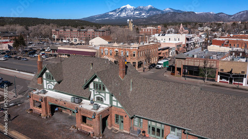 Morning aerial view of the historic downtown district of Flagstaff, Arizona, USA.