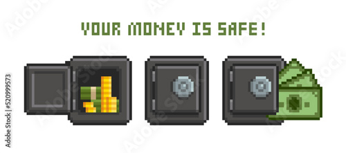 Pixel Art Safe with Money vector icons set. Pixel safe box. Opened safe box with banknotes and coins in 80s - 90s retro game style. Isolated on white