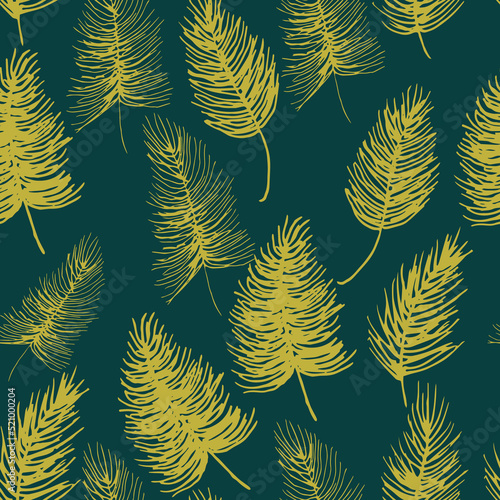 Abstract exotic plant seamless pattern on green background. Gold leaf wallpaper.