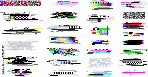 Digital decay elements. Television glitch effects, screen white noise and censored textures. Geometric darkness bright glitches. Pixel error racy vector set