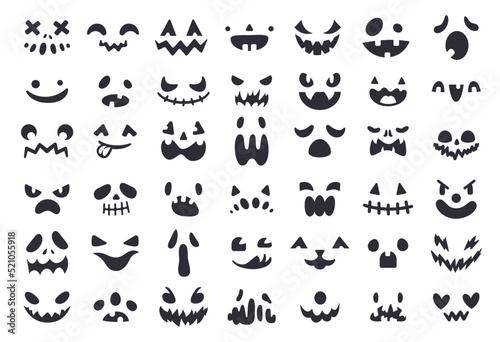 Pumpkin faces stencil. Scary carved halloween face, ghost smile spooky jack evil smile mouth eyes scary silhouette lantern creepy cartoon horror icon ingenious vector illustration