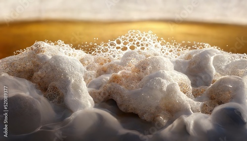 Realistic beer splashes close-up. Texture of white soap foam with bubbles. 3D artwork