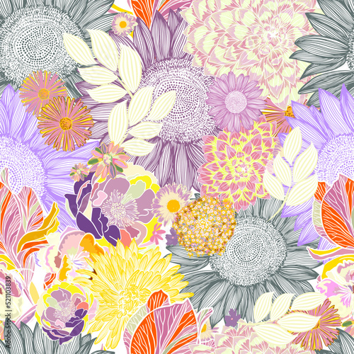 Seamless floral background. Vector illustration. Modern floral background. Trendy Folk style.