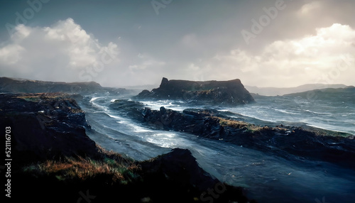 Sea rocky birches of Ireland, cold water, raging sea, fog, waves, ocean. Irish seascape. 3D illustration.