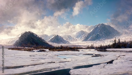 Beautiful landscape of an Alaskan River scene, mountains and river