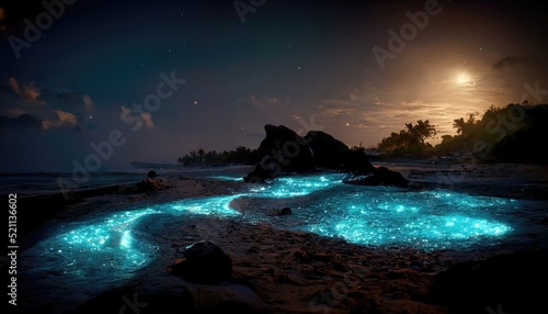 Beautiful landscape of a bioluminescence beach glowing under a night sky, low light