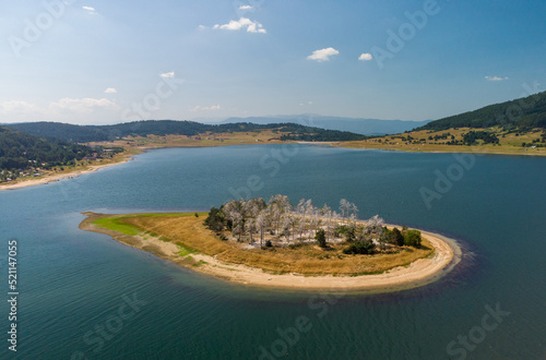 Aerial panoramic view of Island on a Batak Reservoir located in Bulgaria, Rhodopa Mountains