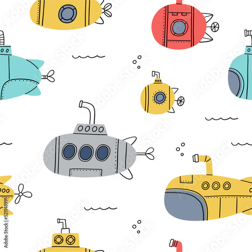 Cute cartoon sea ship submarine - vector print for children. Scandinavian baby texture for fabric, textile, wallpaper, kids bedroom design. Nordic Boho kids seamless pattern