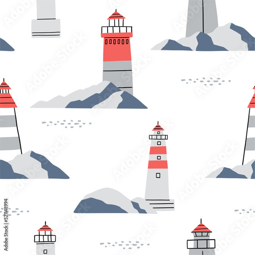 Cute cartoon sea Lighthouse - vector print for children. Scandinavian baby texture for fabric, textile, wallpaper, kids bedroom design. Nordic Boho seamless pattern