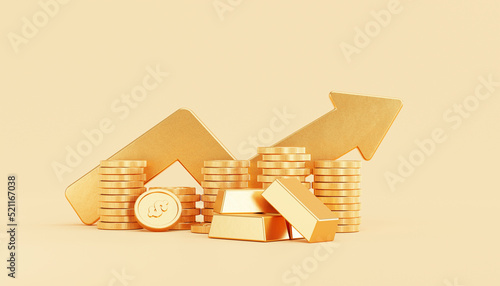 Gold growing arrow with gold coin money stacks and gold bar business and finance savings investment concept background 3D illustration