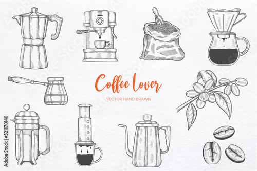 coffee lover set collection with hand drawn sketch vector