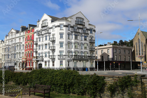 The immaculate buildings at the end of the Victorian terraces on the seafront in Douglas, The Isle of Man.