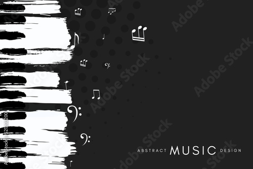 Piano concert poster. Music conceptual illustration. Abstract style black background with hand drawn piano keyboard and notes.
