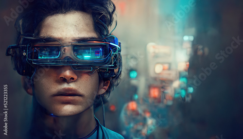 VR and AR technology futuristic concept. Man wearing 3d VR headset glasses looks up in cyberspace of metaverse. Future digital technology game and entertainment. 3d render