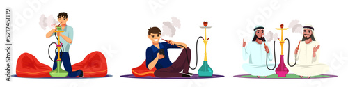 People smoke hookah set, male characters smoking with shisha pipes, sitting on floor