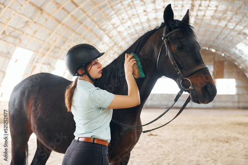 Using brush to comb the hair. A young woman in jockey clothes is preparing for a ride with a horse on a stable