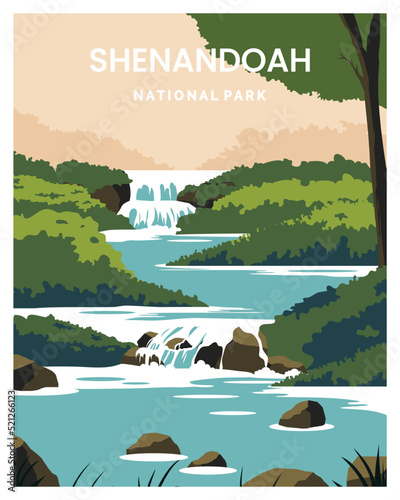 travel poster of Waterfalls in Shenandoah national park. landscape vector illustration with minimalist style.