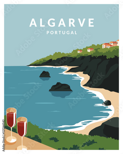 Algarve Portugal vector landscape. vector illustration with minimalist style for poster, postcard, art print.