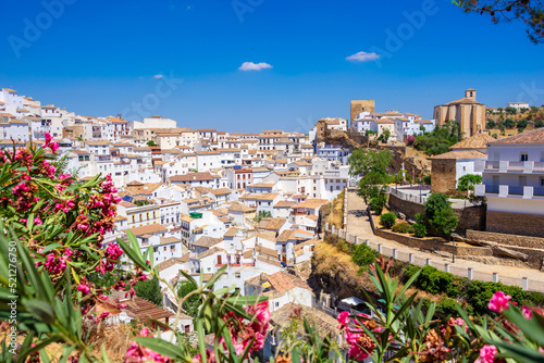 Setenil de las Bodegas. Typical andalucian village with white houses and sreets with dwellings built into rock overhangs above Rio Trejo. Andalusia. Spain
