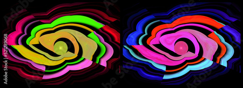 Multi-colored waves diverge from illuminated circles on a black background. Set of abstract fractal patterns. 3d illustration. 3d rendering.