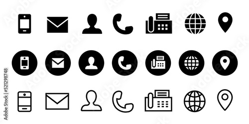 Business card icons. Contacts icons. Phone, user, envelope, address, fax machine. Website icons. Black vector icons isolated on white background. Vector clipart. 