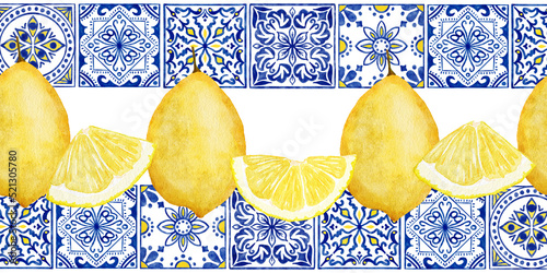 Hand drawn watercolor seamless border with yellow citrus lemons, blue white portugese azulejo tiles. Bright summer holiday vintage frame, tasty fruit healthy juicy ripe.