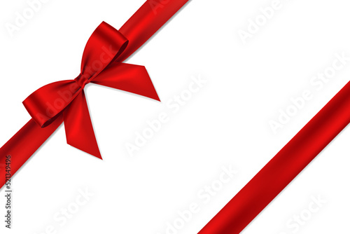 Red bow realistic shiny satin and ribbon place on corner of paper with shadow vector EPS10 isolated on white background 
