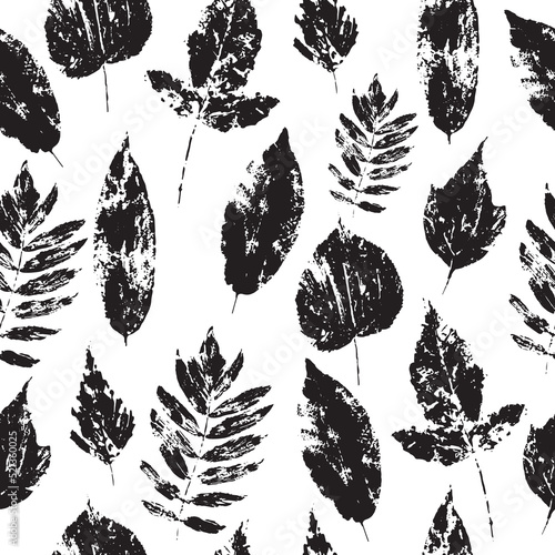 Black leaves imprint pattern on white. Fall textile leaf silhouette Vector illustration