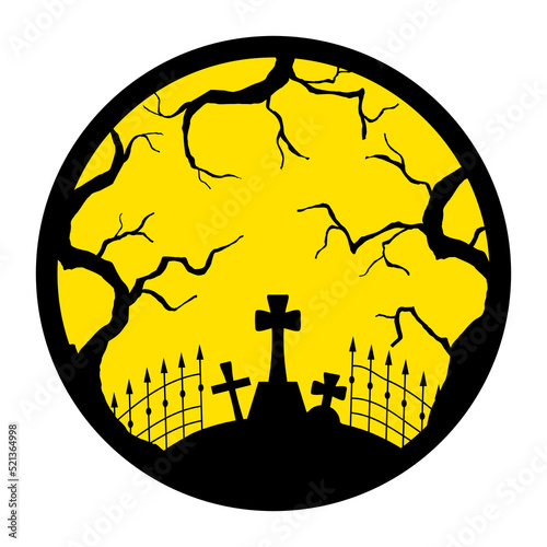 Halloween Concept. Silhouettes of cobwebs, graveyard, grave crosses, dry trees on yellow background. 