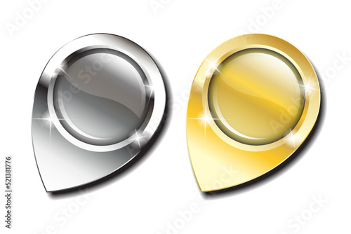 Gold and silver glossy map pins, with space for your text or image, against white background with shadow. EPS10 vector format
