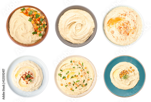 Set with tasty hummus on white background, top view