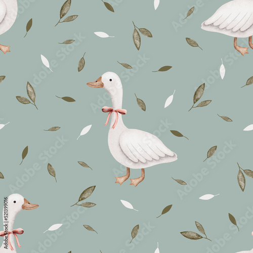 Watercolor seamless pattern with goose.