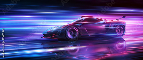 Futuristic Sports Car On Neon Highway. Powerful acceleration of a supercar on a night track with colorful lights and trails. 3d illustration