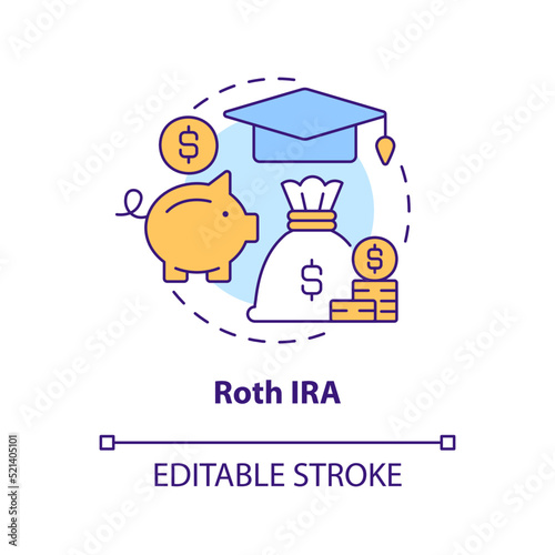 Roth IRA concept icon. Education expenses. Account type for college savings abstract idea thin line illustration. Isolated outline drawing. Editable stroke. Arial, Myriad Pro-Bold fonts used