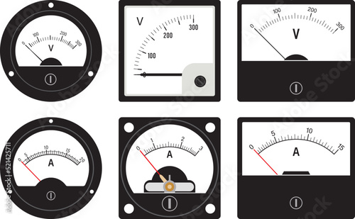 Set of voltmeter and ammeter icons. Measuring instrument. Vector illustration